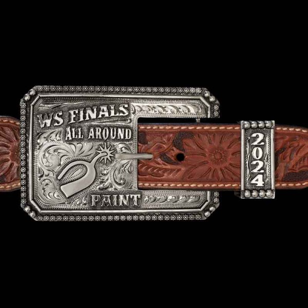 Add a 3 Piece Buckle to your Trophy Buckle collection! The Sutter Creek is a unique buckle set that allows you to customize with your event, logo, and class. Crafted on a German Silver base with hand engraved scrolls and an antique finish. Detailed with G